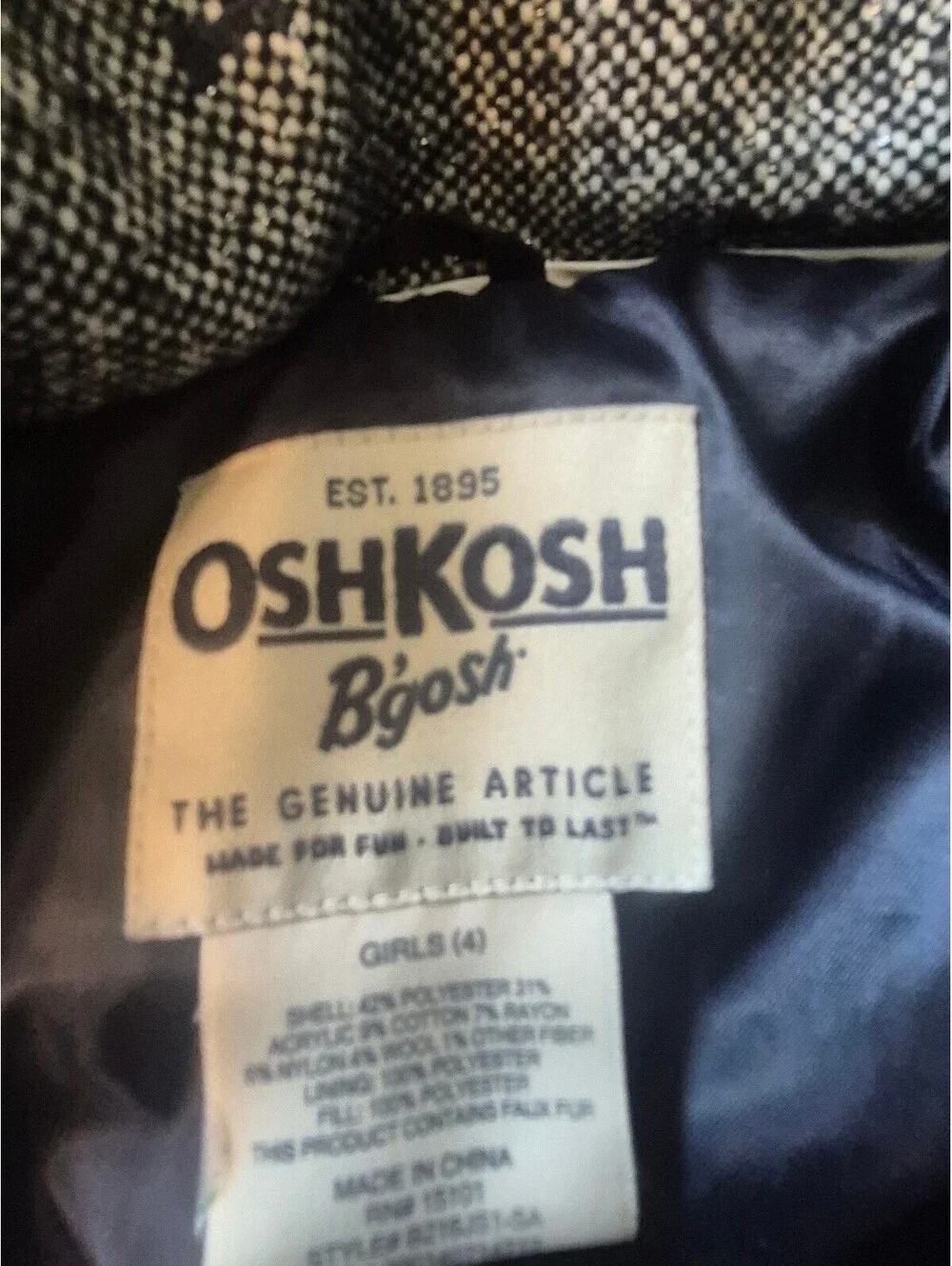 OshKosh B'gosh Girls' Hooded Wool Blend Coat Size 4